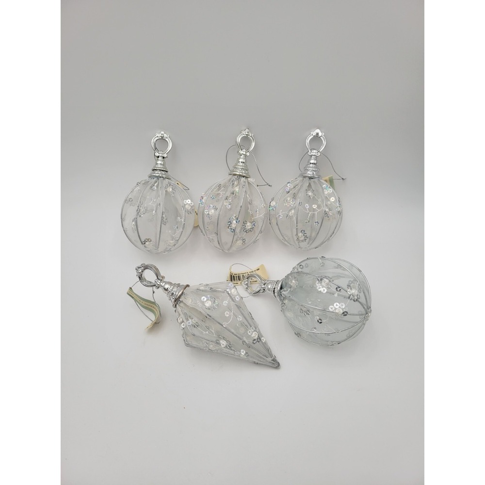 5 White‎ Mesh Ornaments With  Silver Sequins Embroidered Flowers Michael's